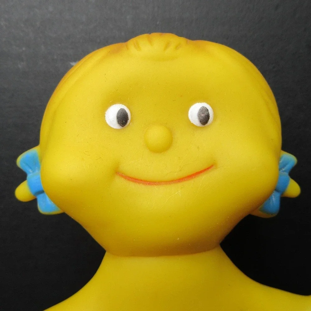 Vintage Ledraplastic Ledra Yellow Smiley Face Girl Doll Rubber Squeak Toy 8